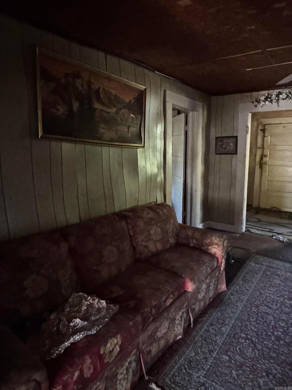 living room featuring wooden walls