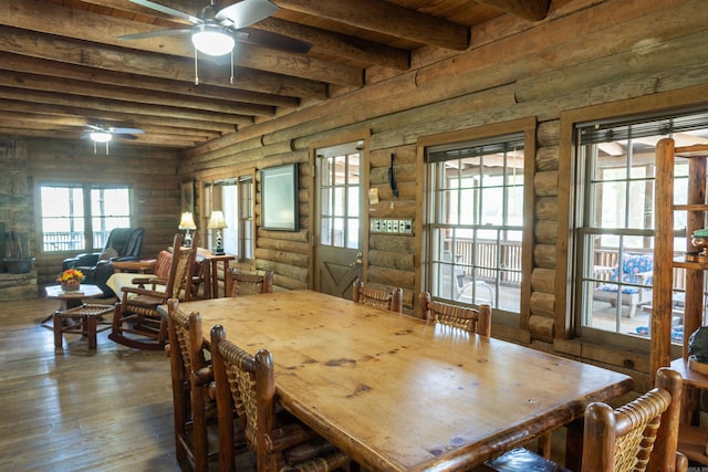 dining space featuring beamed ceiling, dark hardwood / wood-style flooring, wood ceiling, and log walls