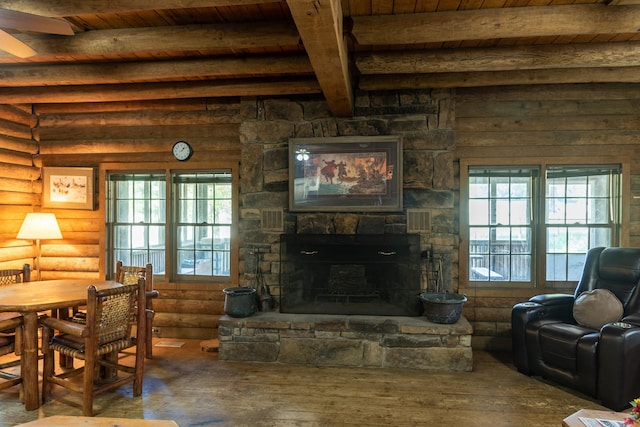 living room featuring beam ceiling, log walls, a stone fireplace, wood-type flooring, and wood ceiling