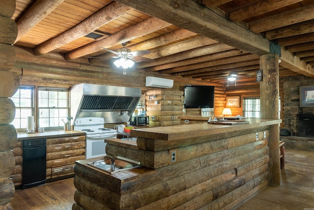 kitchen with electric range, log walls, wooden ceiling, a wall mounted air conditioner, and dark hardwood / wood-style floors