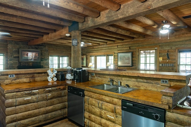 kitchen with stainless steel dishwasher, rustic walls, sink, beamed ceiling, and black dishwasher