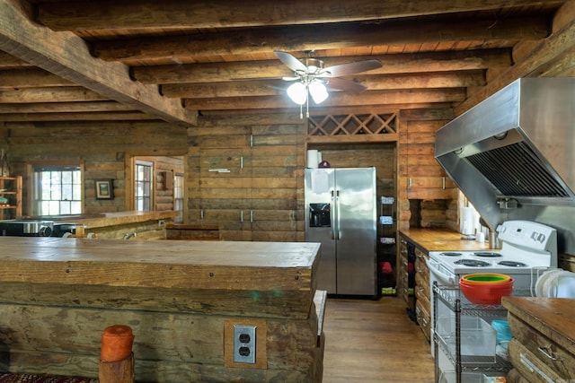 kitchen featuring beamed ceiling, stainless steel fridge with ice dispenser, wood ceiling, and exhaust hood