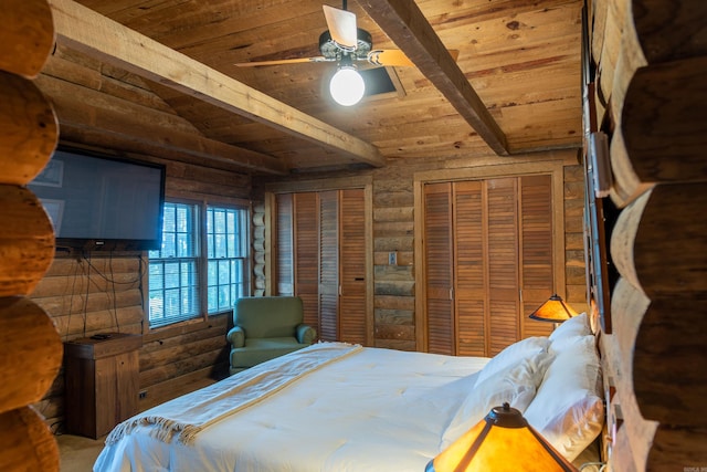 bedroom featuring ceiling fan, wooden ceiling, rustic walls, and two closets