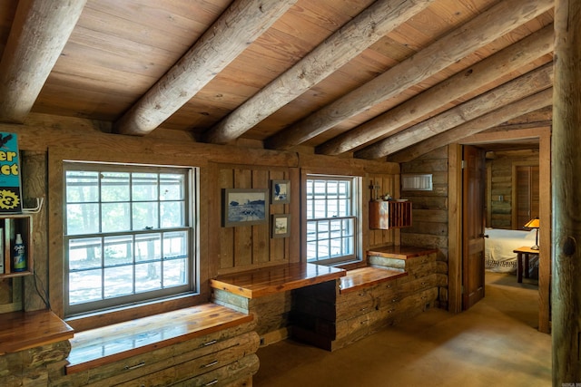 bathroom with beamed ceiling, wood walls, and wood ceiling