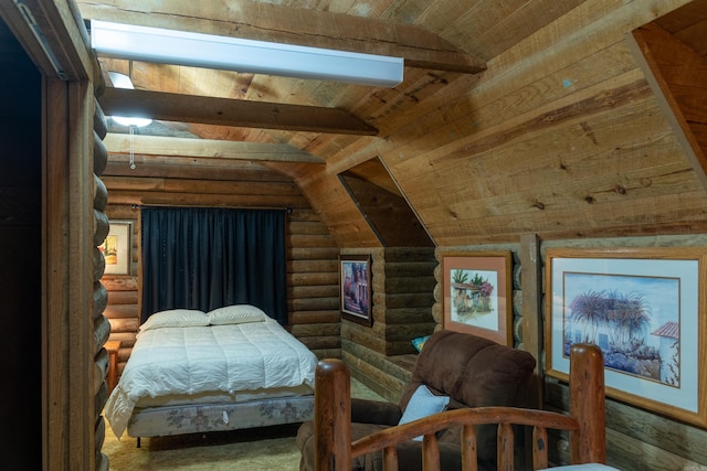 bedroom with log walls, vaulted ceiling with beams, and wood ceiling