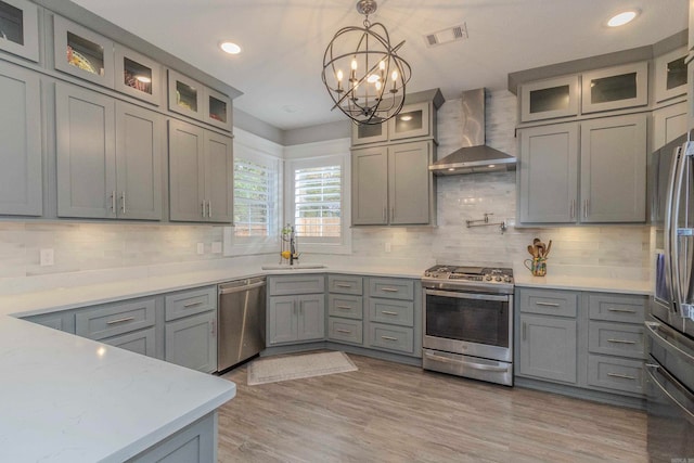 kitchen with wall chimney range hood, sink, hanging light fixtures, light wood-type flooring, and stainless steel appliances