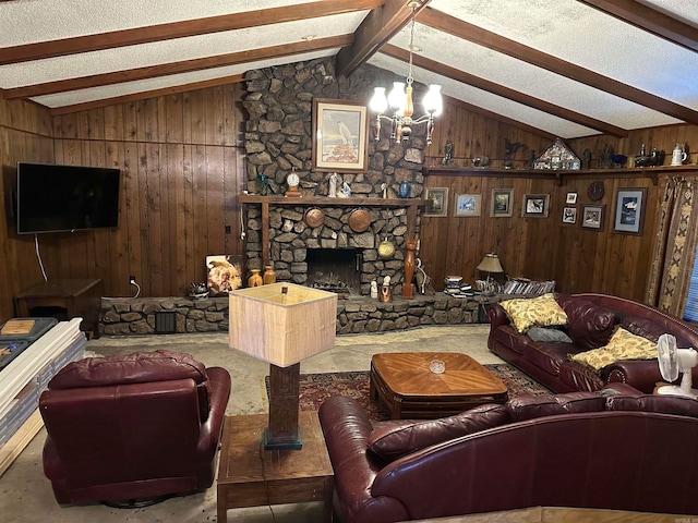 living room featuring a textured ceiling, lofted ceiling with beams, a chandelier, a stone fireplace, and wood walls