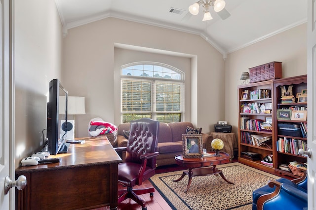 office area with hardwood / wood-style floors, ceiling fan, crown molding, and vaulted ceiling