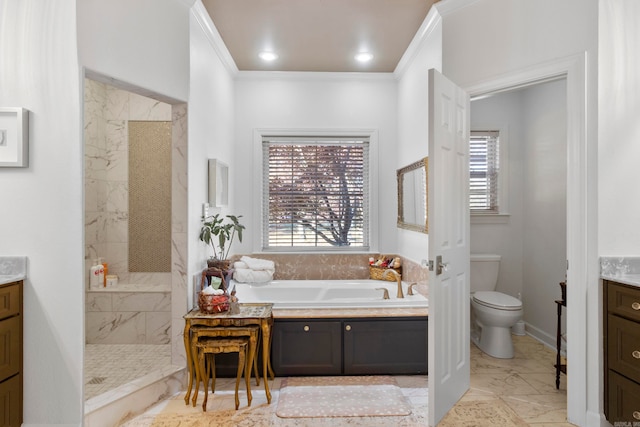 full bathroom featuring toilet, vanity, ornamental molding, and shower with separate bathtub