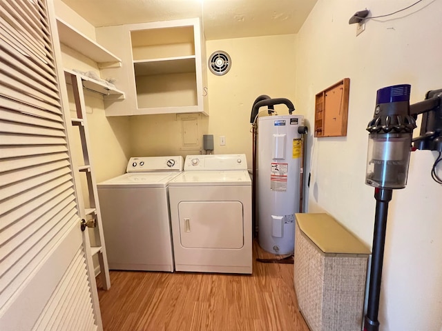 laundry room with washer and clothes dryer, electric water heater, and light hardwood / wood-style flooring