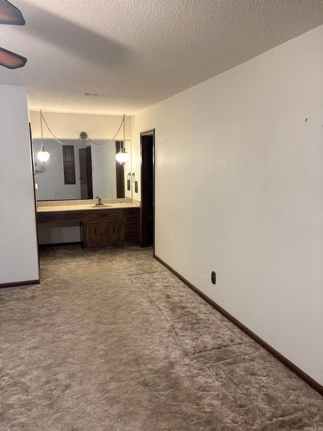 interior space featuring carpet flooring, sink, and a textured ceiling