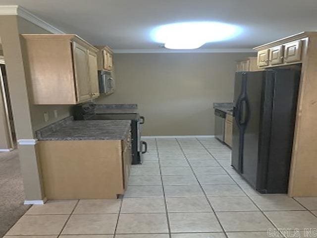 kitchen featuring black appliances, crown molding, and light brown cabinetry