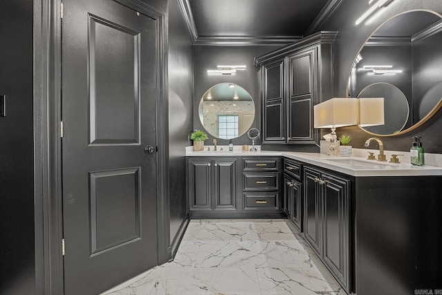 bathroom with vanity and crown molding