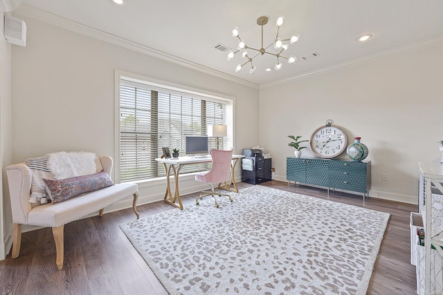 office with crown molding, dark hardwood / wood-style flooring, and a notable chandelier