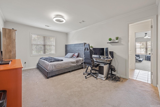 carpeted bedroom featuring ornamental molding