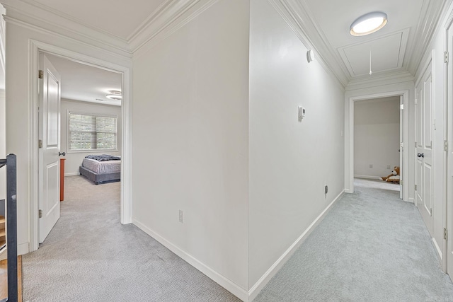 hall with ornamental molding and light carpet