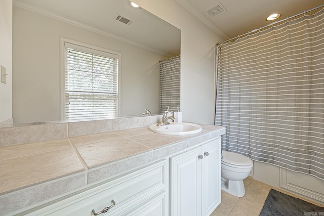 bathroom with tile patterned flooring, vanity, toilet, and ornamental molding