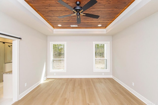 empty room featuring a raised ceiling, light hardwood / wood-style flooring, and wooden ceiling