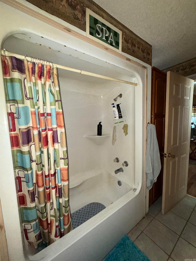 bathroom with tile patterned flooring, a textured ceiling, and shower / bathtub combination with curtain