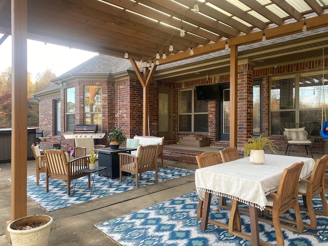 exterior space featuring outdoor lounge area and a pergola