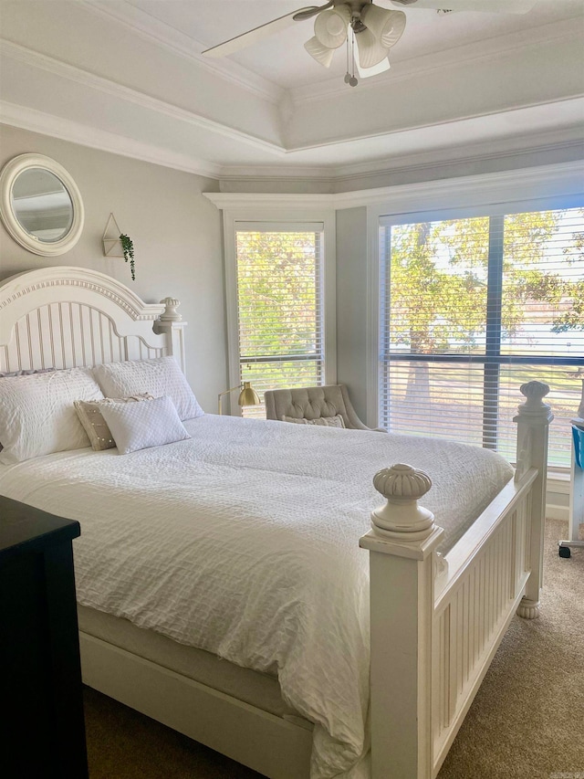 carpeted bedroom with ceiling fan, crown molding, and a tray ceiling