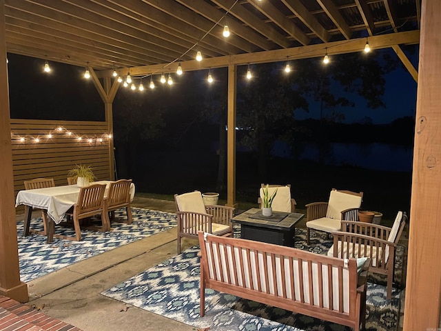 patio at night with outdoor lounge area