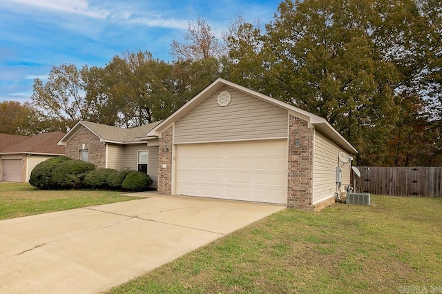 single story home featuring central AC unit and a front lawn