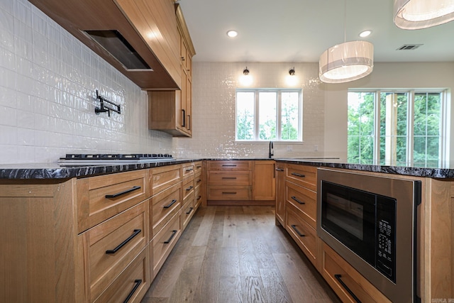 kitchen with dark hardwood / wood-style flooring, a wealth of natural light, stainless steel microwave, and decorative light fixtures