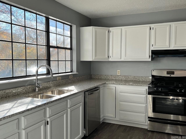 kitchen with white cabinets, sink, dark hardwood / wood-style floors, light stone counters, and stainless steel appliances