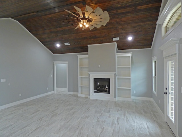 62 Highland Cove Dr, Highland, AR 72542 - unfurnished living room with wood ceiling, a fireplace, baseboards, ceiling fan, and high vaulted ceiling