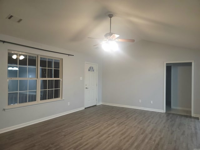 unfurnished room featuring hardwood / wood-style floors, ceiling fan, and lofted ceiling