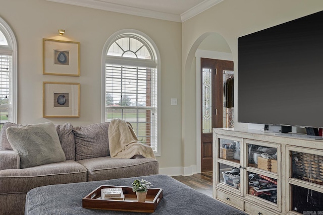 living room with wood-type flooring and ornamental molding