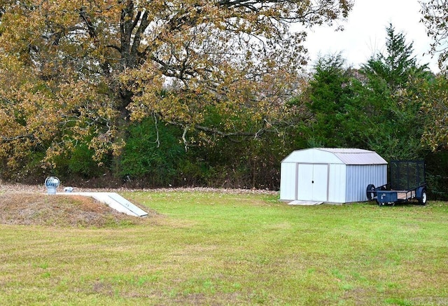 view of yard featuring a storage unit