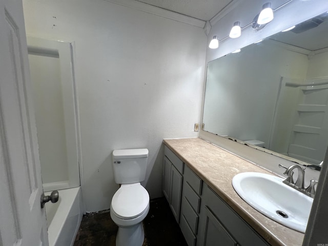 full bathroom with shower / bathing tub combination, vanity, and toilet