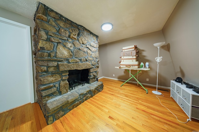 living room featuring wood-type flooring and a fireplace