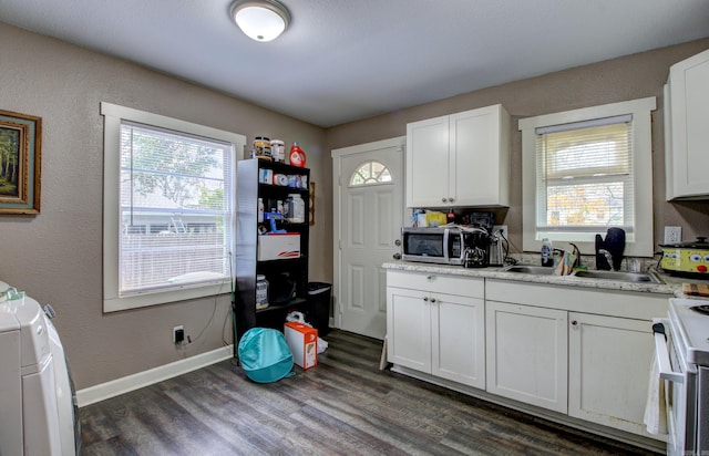 kitchen with white cabinets, white electric range oven, dark hardwood / wood-style flooring, and a healthy amount of sunlight