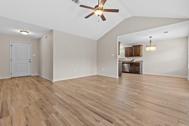 unfurnished living room featuring ceiling fan, lofted ceiling, and light hardwood / wood-style flooring