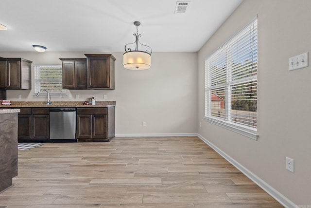 kitchen with dishwasher, dark brown cabinetry, and a wealth of natural light