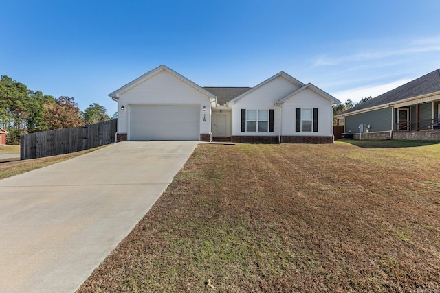 ranch-style house with a front yard and a garage