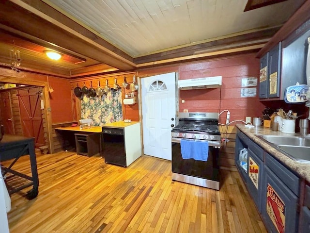 kitchen with gas stove, sink, light hardwood / wood-style floors, and black dishwasher