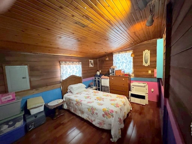 bedroom with wooden ceiling, dark hardwood / wood-style flooring, a wall mounted AC, wood walls, and lofted ceiling