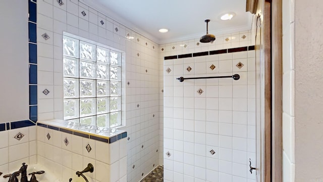 bathroom featuring separate shower and tub and crown molding