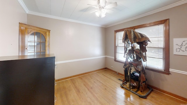 interior space featuring ceiling fan, crown molding, and light hardwood / wood-style flooring