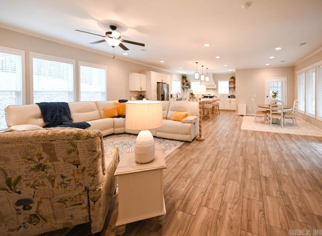 living room featuring a healthy amount of sunlight, light wood-type flooring, and ornamental molding