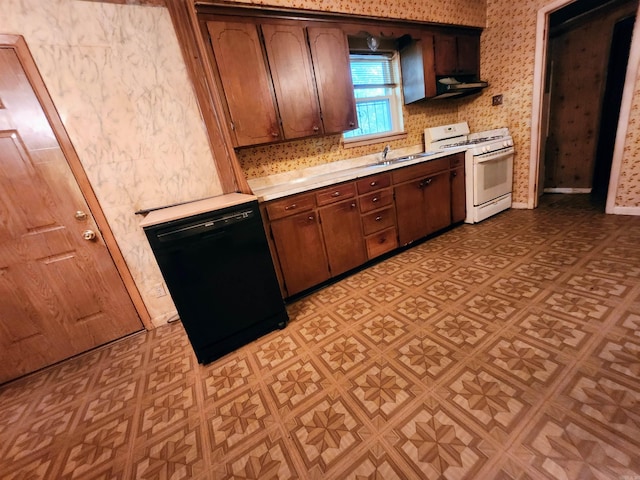 kitchen featuring white range with gas stovetop, dishwasher, and sink