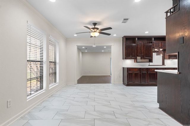 kitchen with dark brown cabinetry, ceiling fan, and ornamental molding