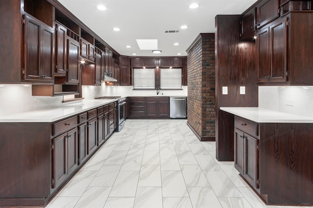 kitchen featuring decorative backsplash, appliances with stainless steel finishes, a skylight, dark brown cabinets, and sink