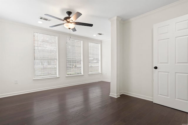 empty room with crown molding, ceiling fan, and dark wood-type flooring