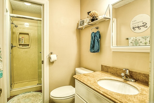 bathroom with vanity, toilet, a shower with door, and a textured ceiling