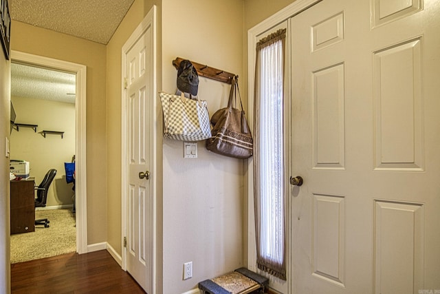 entryway featuring a textured ceiling, a healthy amount of sunlight, and dark hardwood / wood-style floors